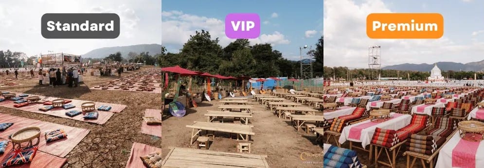 Comparação entre categorias Standard, VIP e Premium no festival de lanternas Chiangmai CAD Khomloy 2026