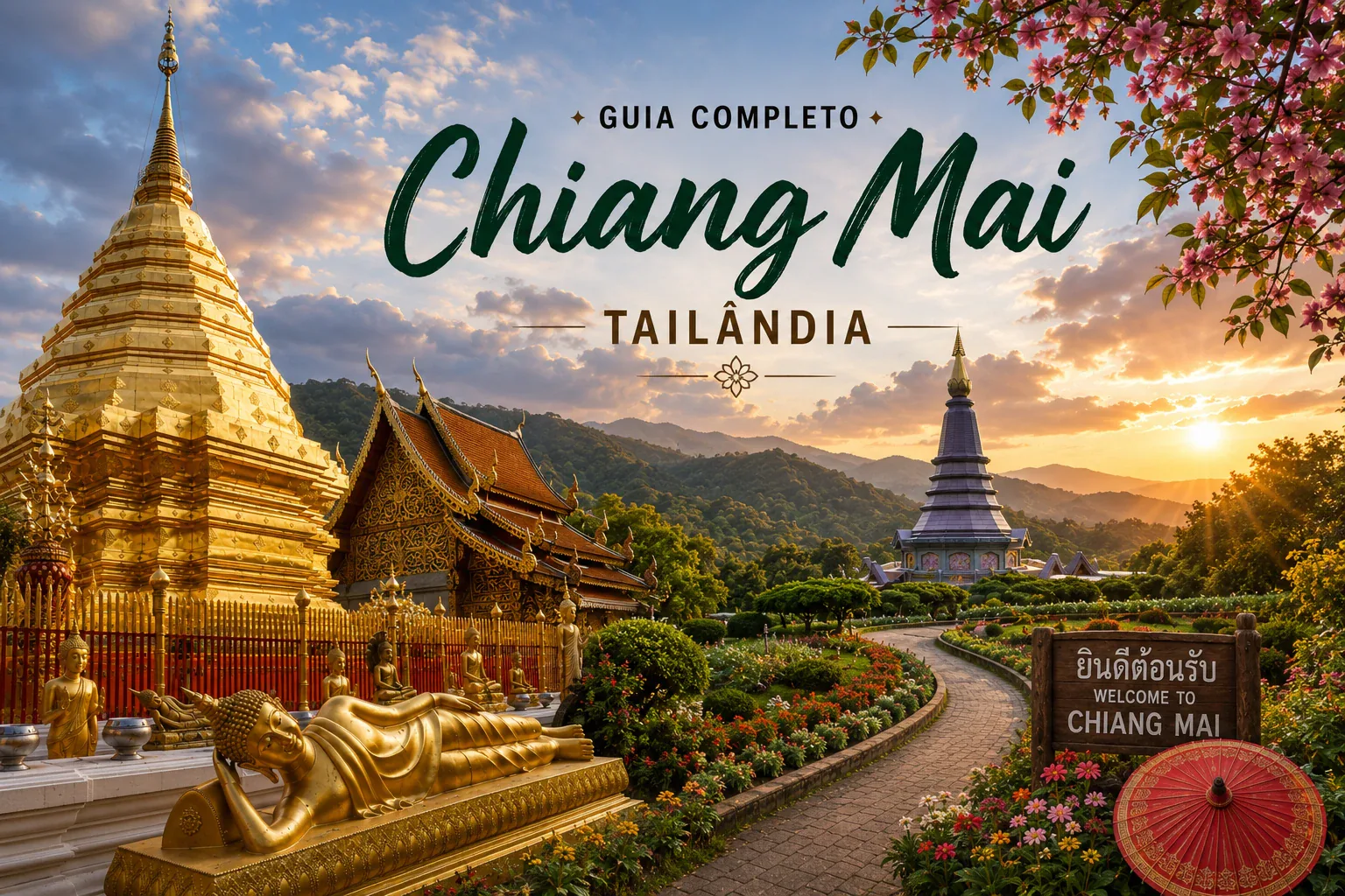 Capa de guia de Chiang Mai com templo dourado, estátuas de Buda, jardins, montanhas e pagoda ao pôr do sol