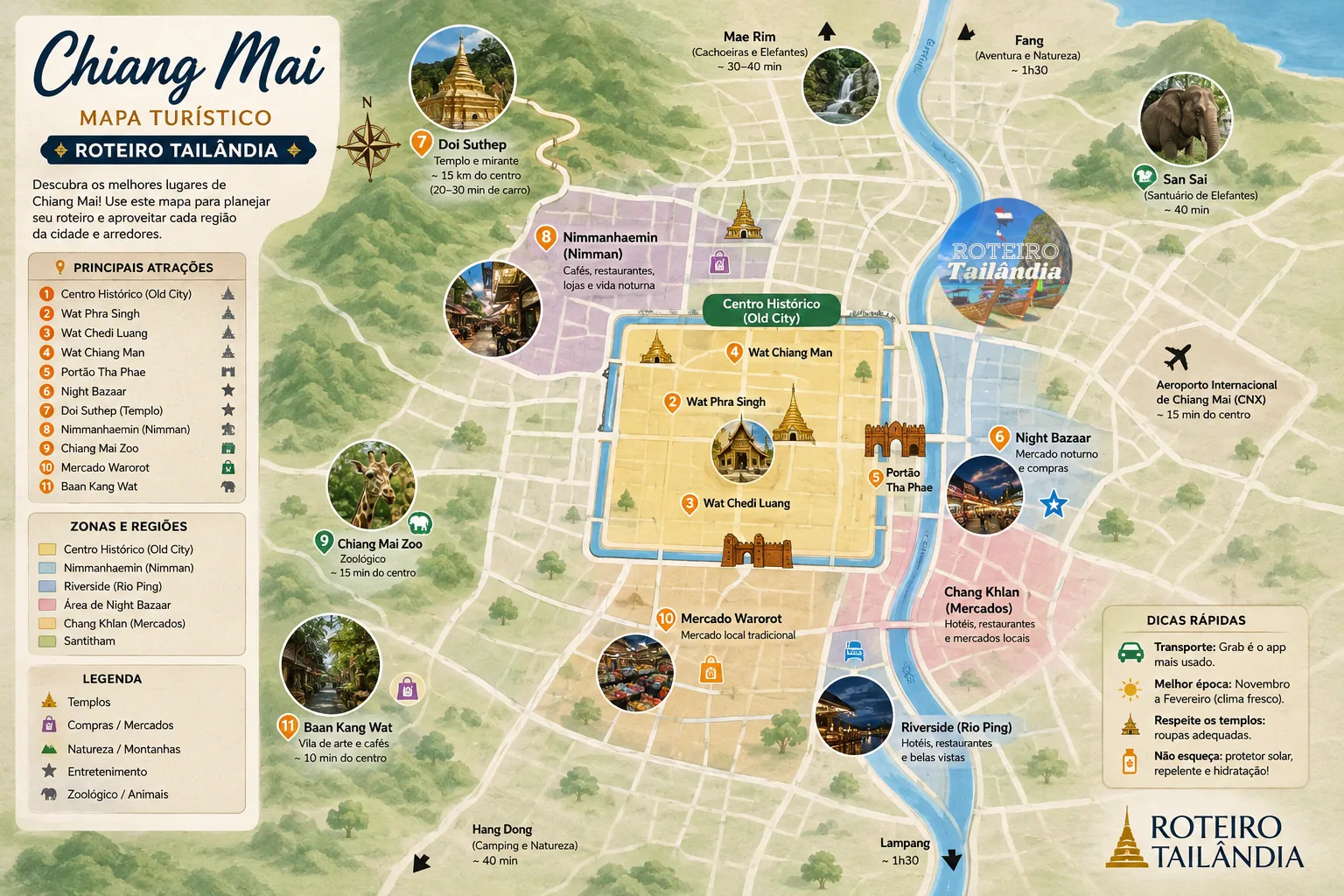 Mapa turístico de Chiang Mai com Cidade Antiga, Nimman, Riverside, Doi Suthep, Night Bazaar e principais atracções