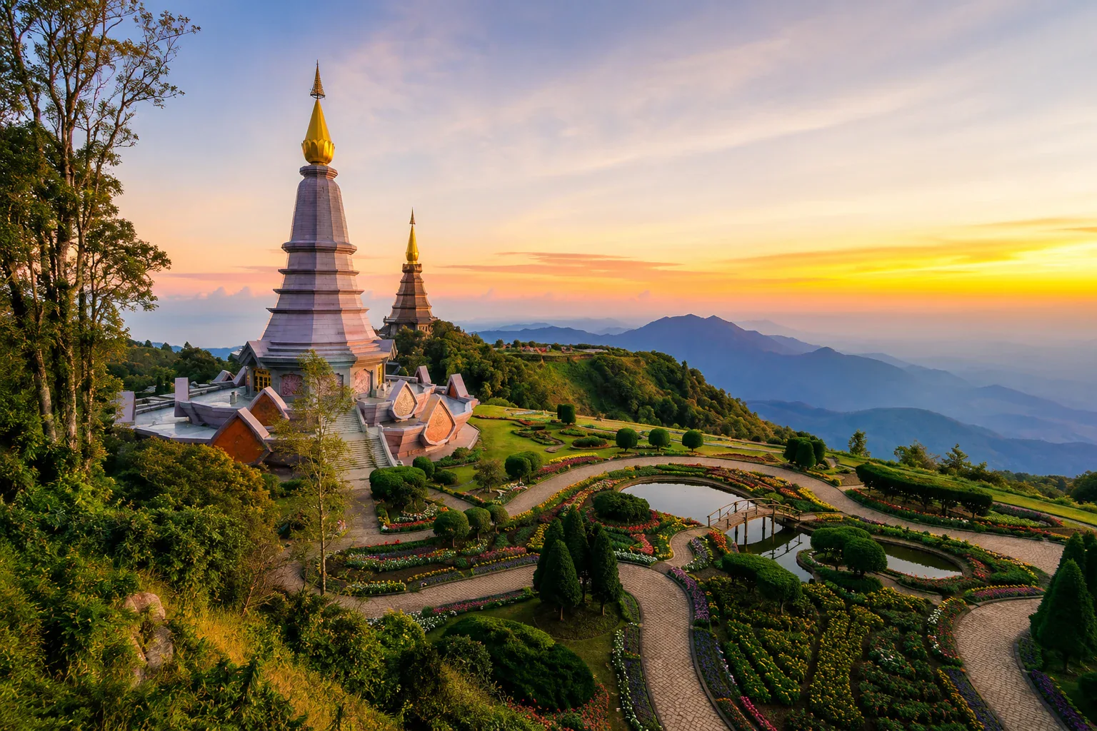 Wat Phra That Doi Suthep em Chiang Mai ao pôr do sol Wat Phra That Doi Suthep em Chiang Mai ao pôr do sol, rodeado por jardins e montanhas
