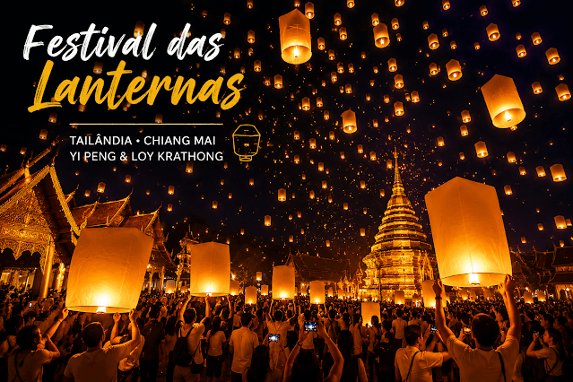 Festival das Lanternas em Chiang Mai, na Tailândia, com centenas de lanternas iluminando o céu durante uma celebração de Yi Peng.