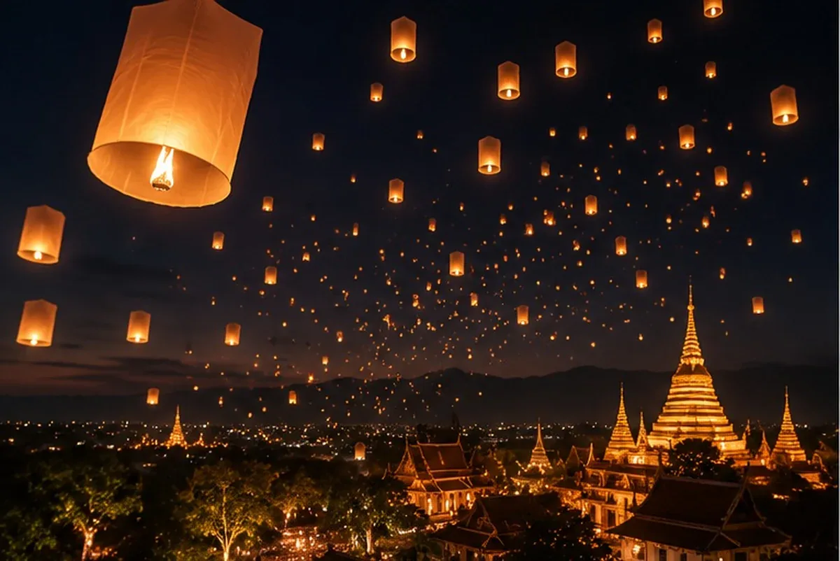 Lanternas iluminando o céu durante as celebrações em Chiang Mai