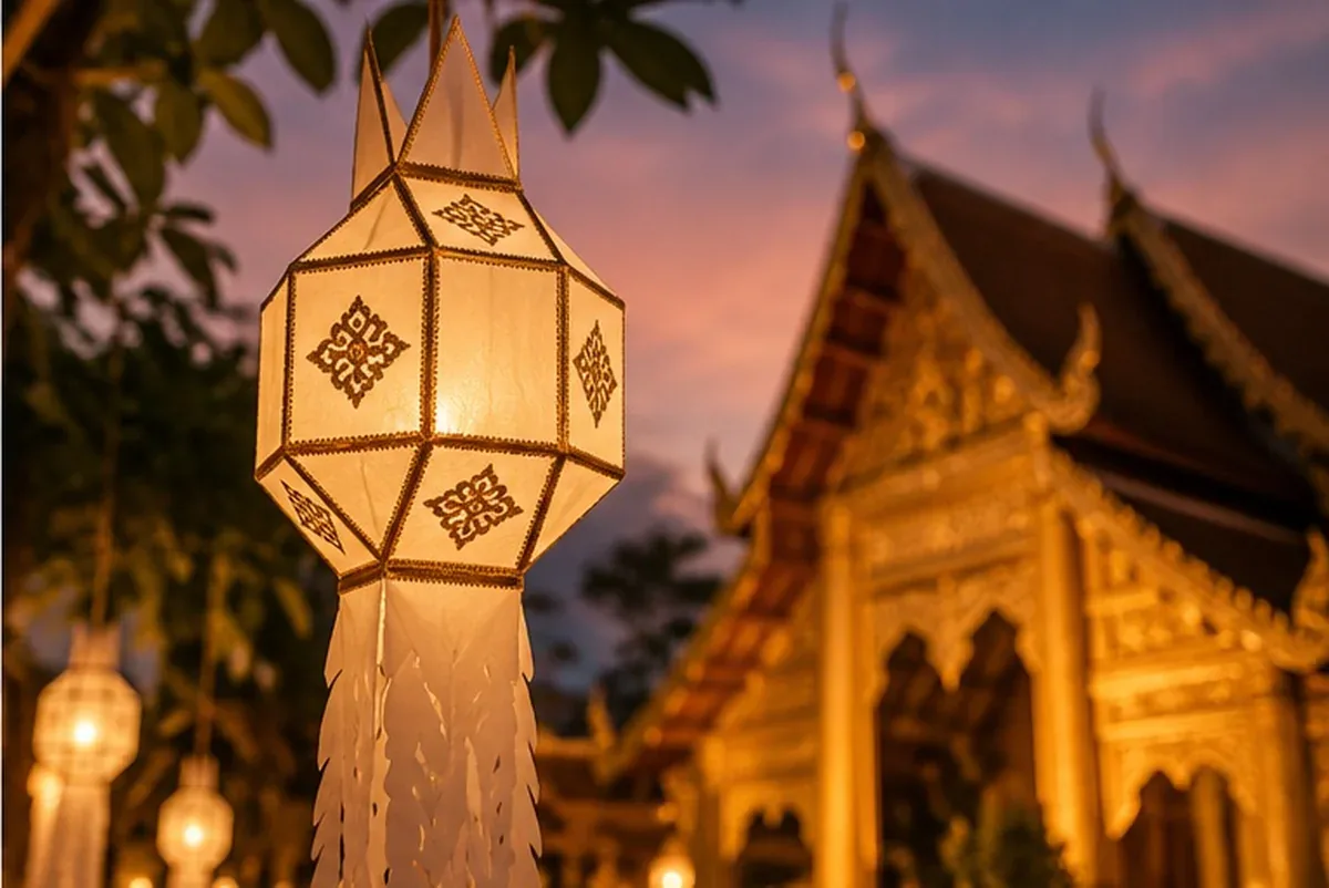 Lanterna decorativa Lanna durante uma celebração de Yi Peng em Chiang Mai