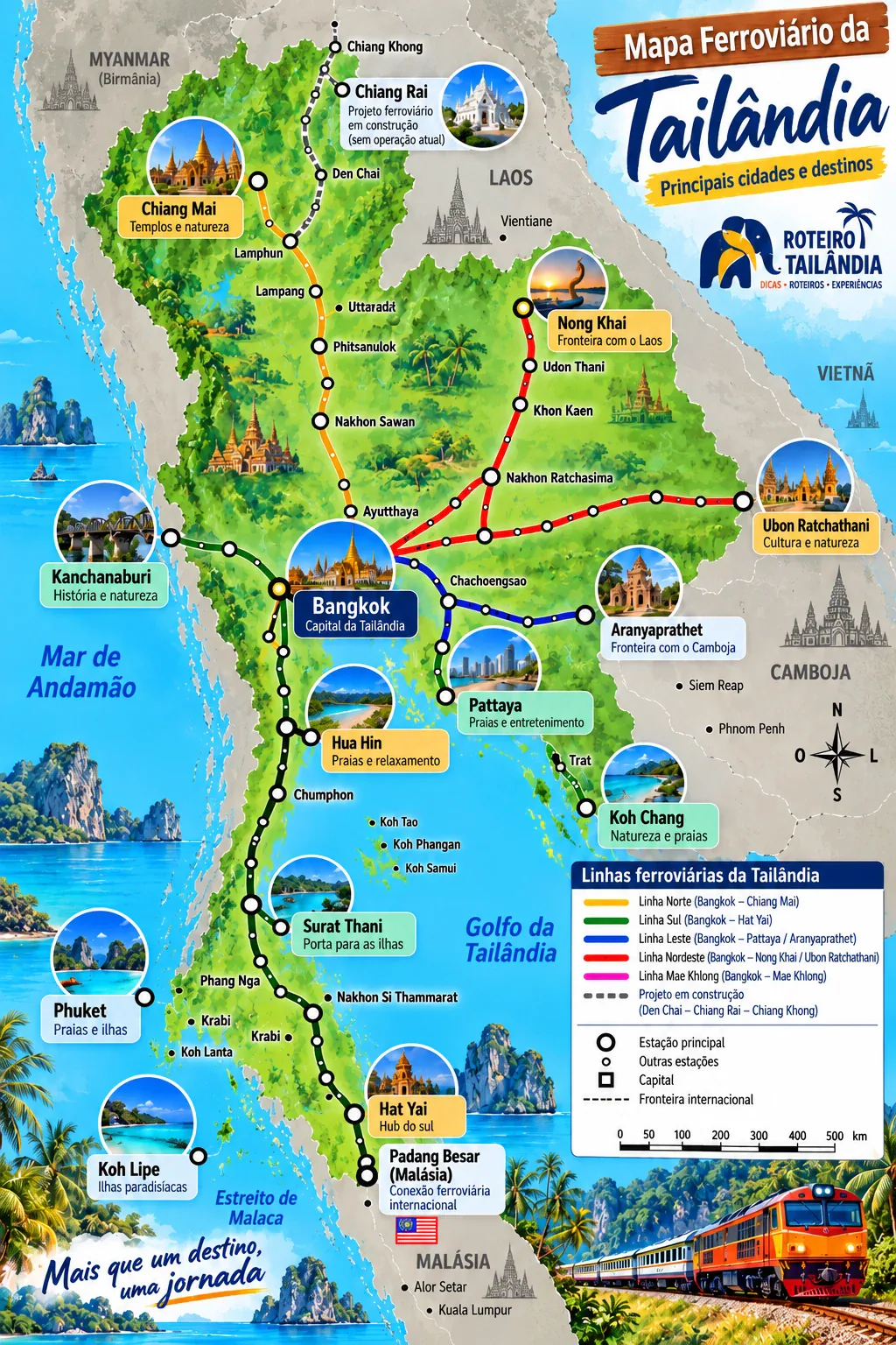 Mapa ferroviário da Tailândia — principais cidades e linhas de trem | Roteiro Tailândia Mapa ferroviário da Tailândia com as principais cidades e linhas de trem, incluindo Bangkok, Chiang Mai, Chiang Rai, Kanchanaburi, Pattaya, Hua Hin, Surat Thani, Hat Yai e Padang Besar, na Malásia.